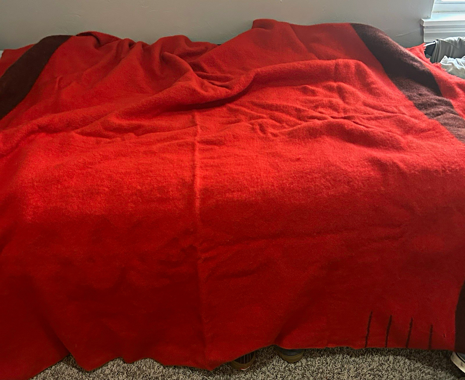 Vintage 1920s Hudson’s Bay trapper red with cut red label tag. Pure virgin wool.