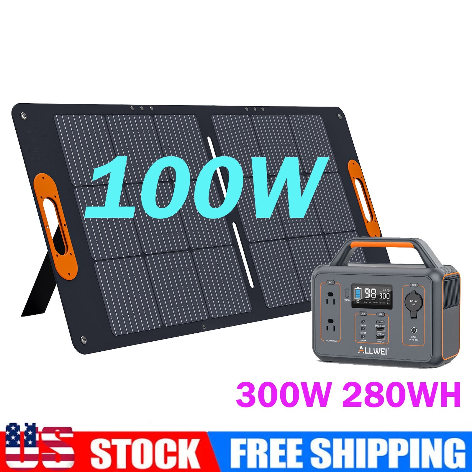 ALLWEI 300W DC Portable Power Station 280Wh Battery with 100W Solar Panel