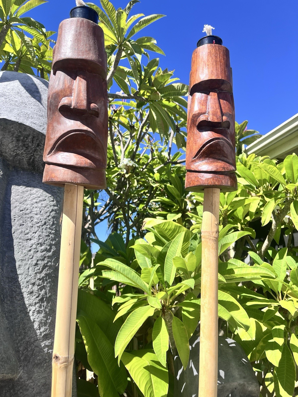 Set Of 2 Tiki Tiki Torches Easter Island Moai Smokin' Tikis Hawaii Oceanic