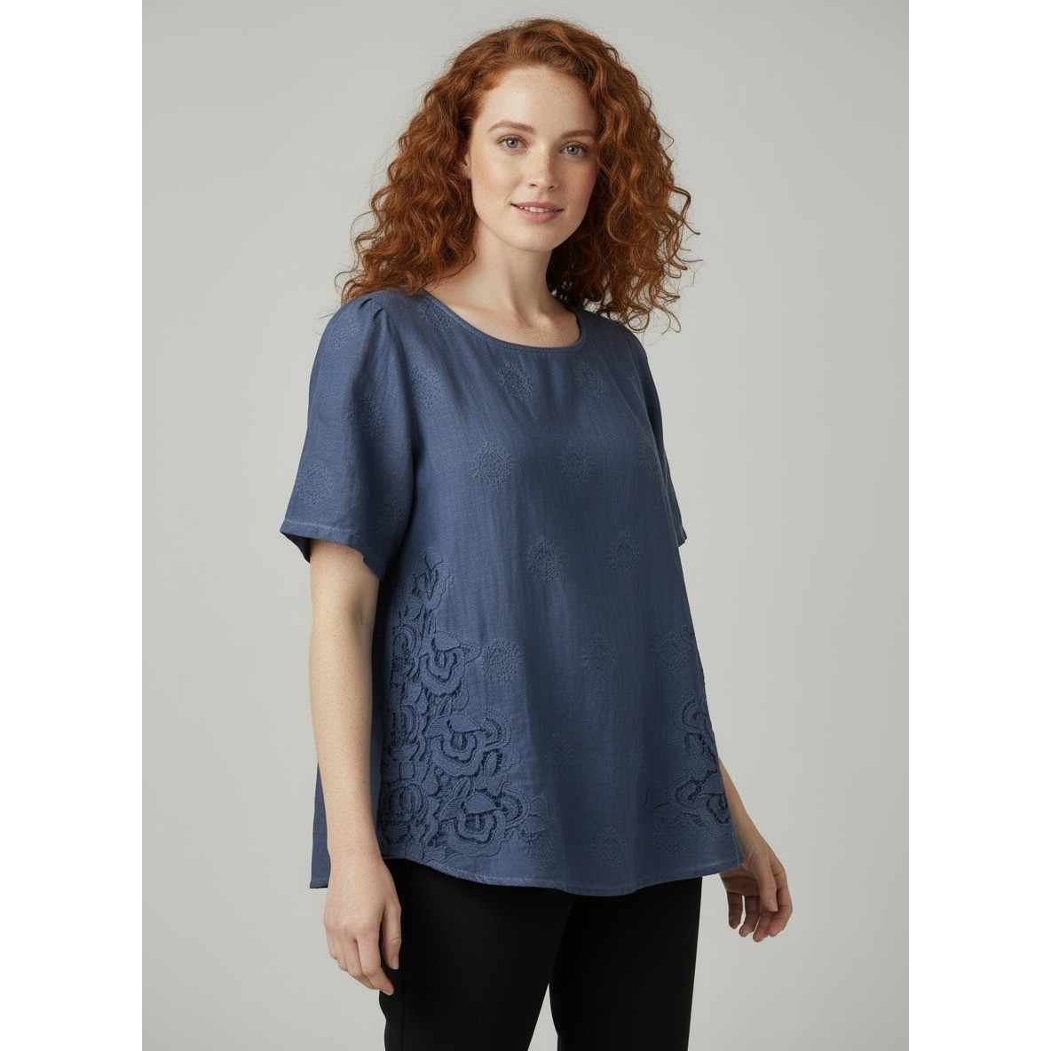 Chico\'s Blouse XL Indigo Blue Exc Linen Embroidered Popover Top Coastal Grandma