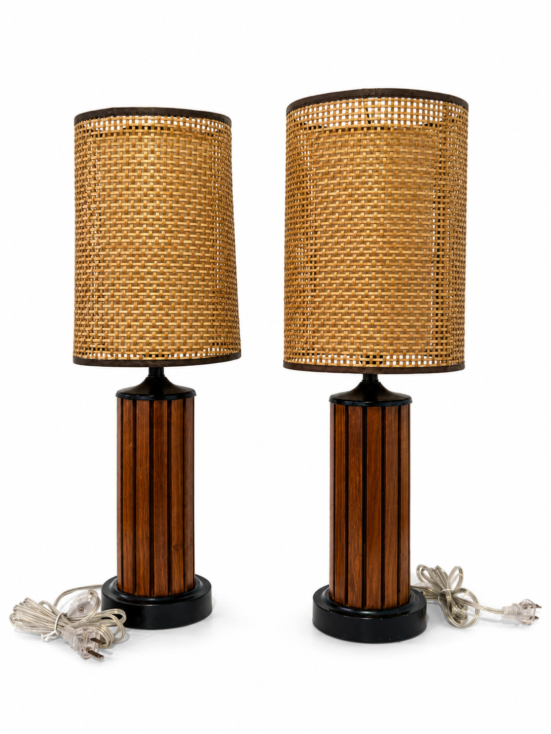 Vintage Gruvwood Walnut Table Lamps Pair w/ Original Woven Rattan Shades MCM