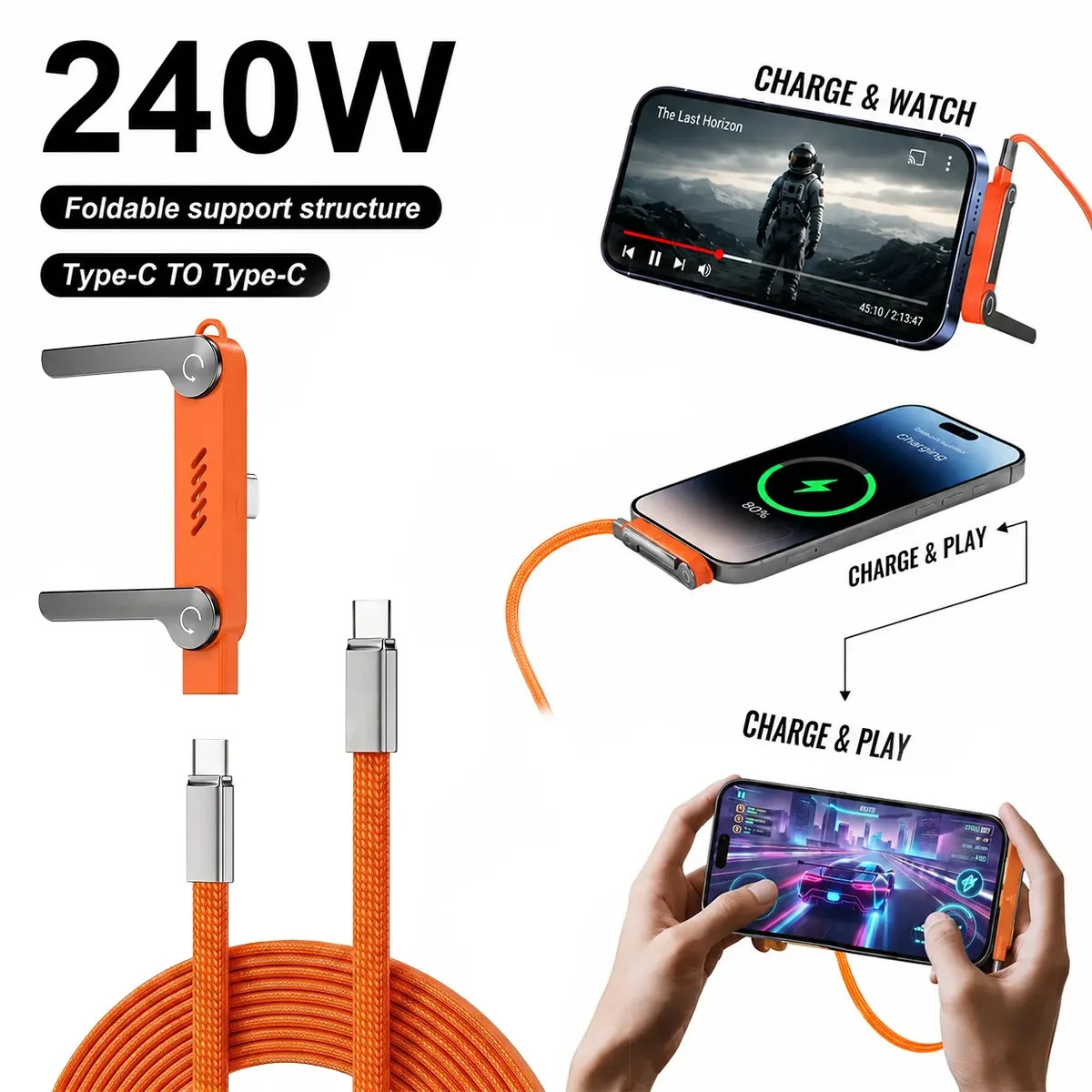 240W Type-C to Type-C Fast Charging Cable with Detachable Stand, 2 in 1 Fast Cha