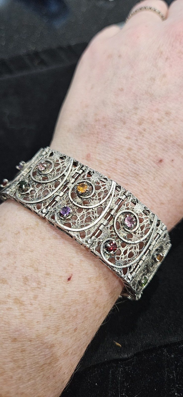 Vtg Middle Eastern 900 Silver Filigree Panel Link Bracelet Multicolor Crystal Vtg Middle Eastern 900 Silver Filigree Panel Link Bracelet Multicolor Crystal