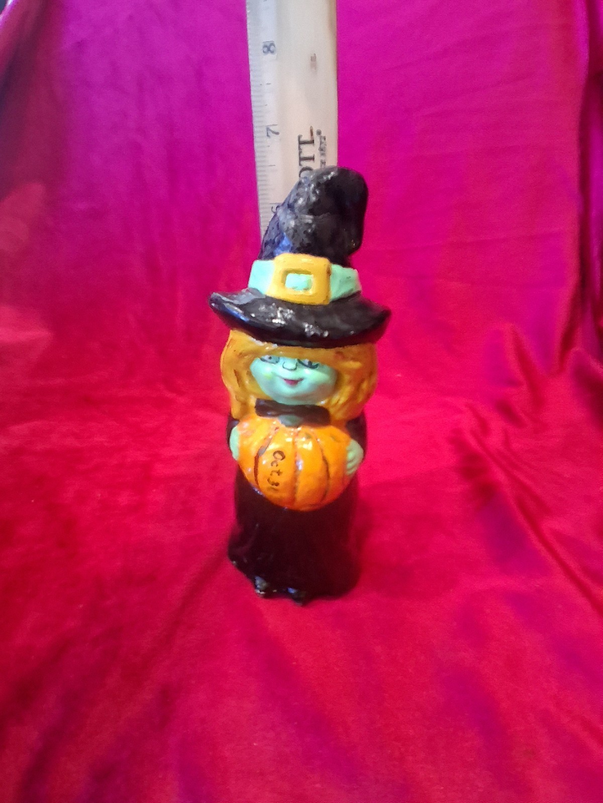 Vintage Hand-Painted Witch Figurine - Signed R.Y. '81 - Halloween Folk Art