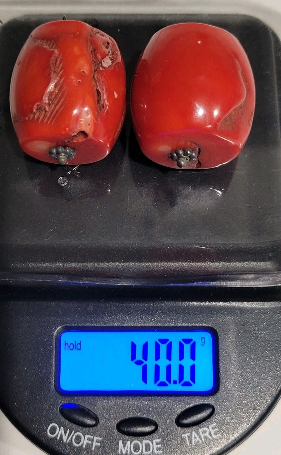 Antique Momo Coral Barrel Beads 40.0g  Large Vintage Tibetan Estate Jewelry Pair