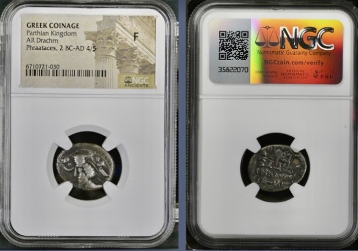 Ancient Silver Parthian Kingdom 2BC-5AD NGC Graded Drachm Phraataces Greek Coin