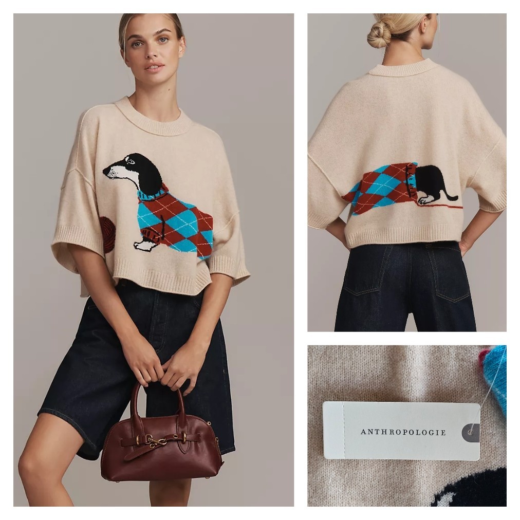 Anthropologie The Goldie Crew-Neck Cashmere Sweater Red Dachshund Med NWT $178
