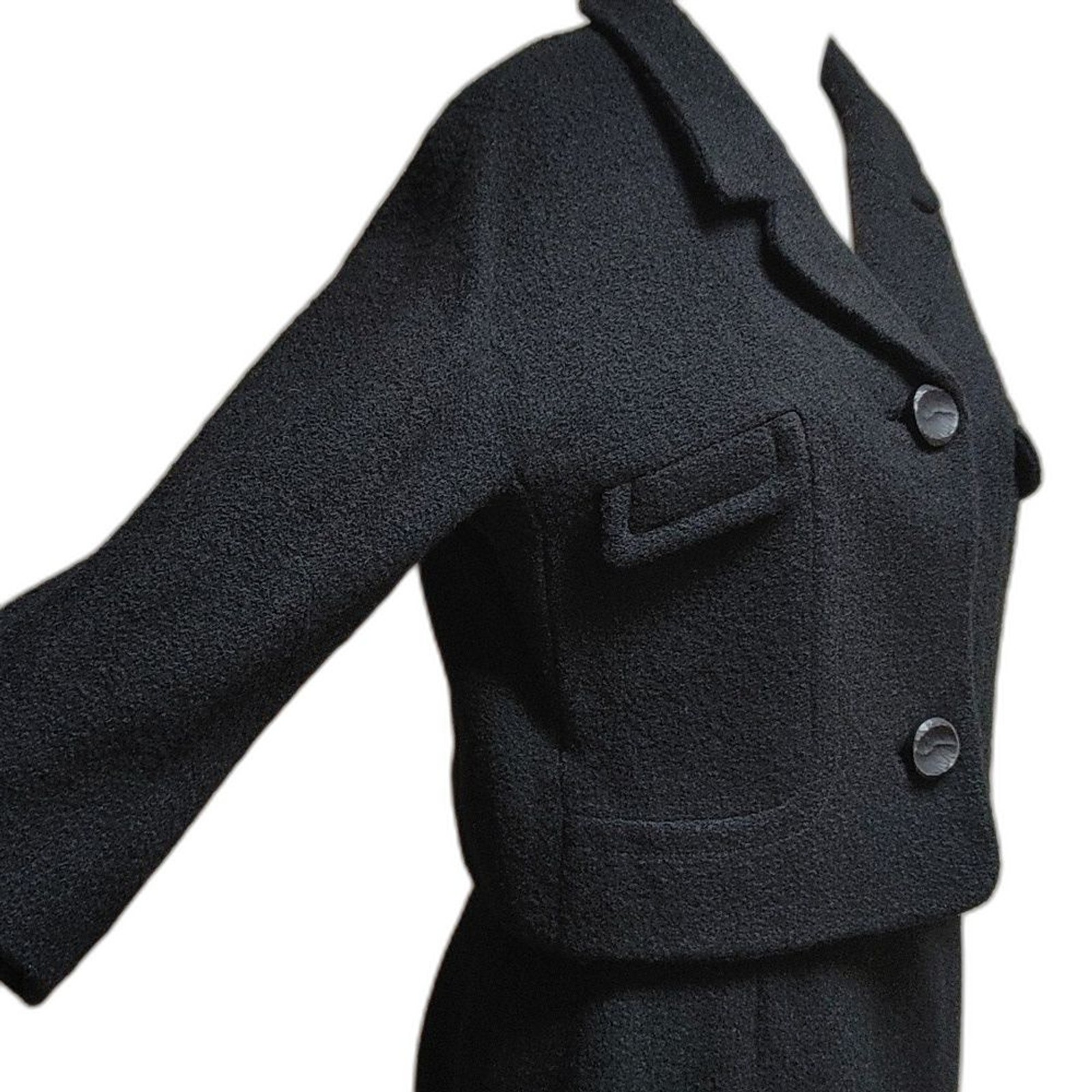 VTG 1960s Jackie O Boucle Wool Skirt Suit Set Black Hand Tailored Boxy 6 8 VTG 1960s Jackie O Boucle Wool Skirt Suit Set Black Hand Tailored Boxy 6 8