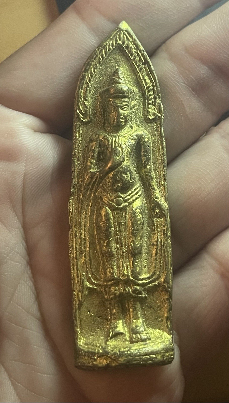 Vintage Thai Standing Buddha Amulet Gold Tone Buddhist Sacred Talisman Thailand