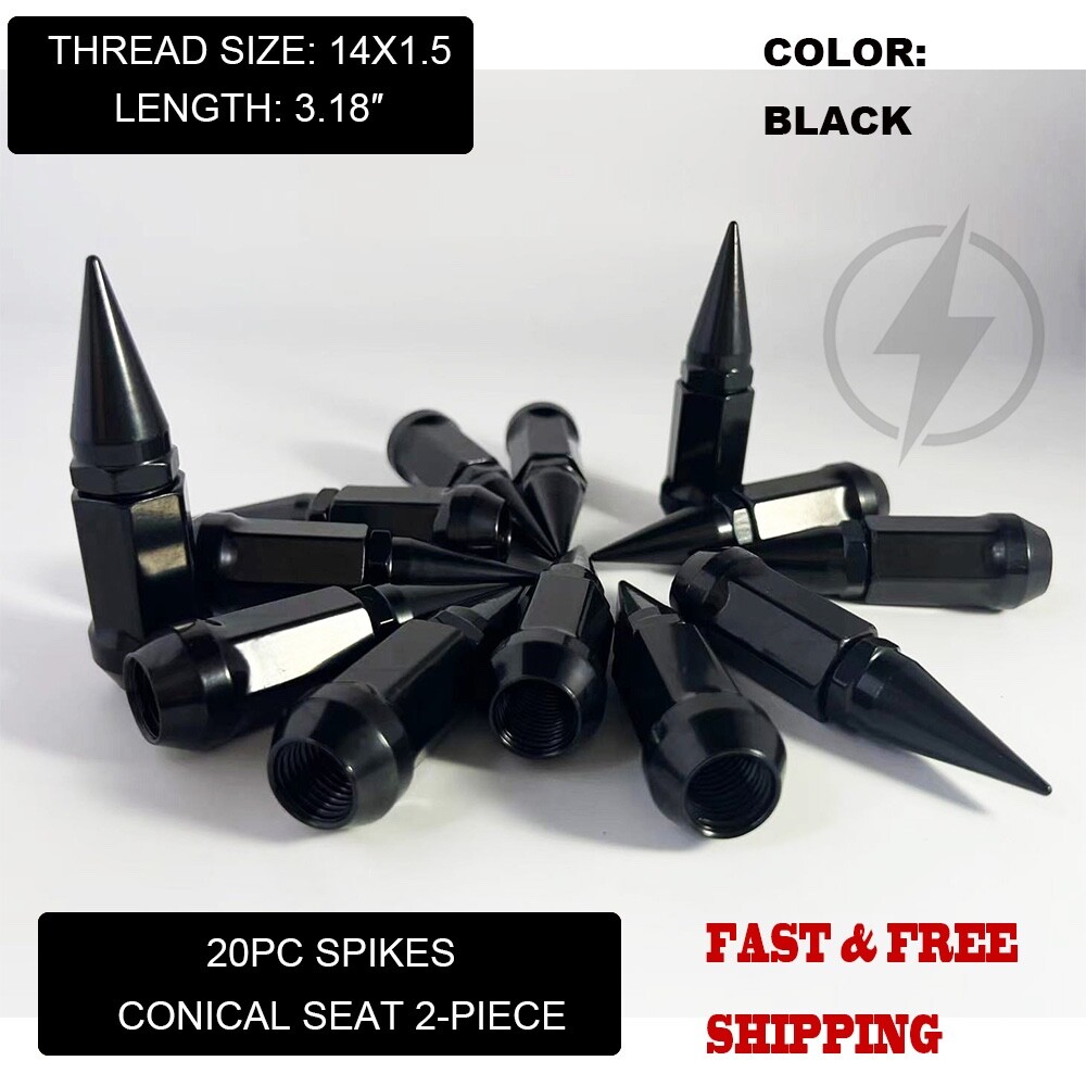 20Pc BLACK 3.18'' 2PC SPIKE LUG NUTS 14x1.5 FOR 2010 & UP CHEVY CAMARO SS ZL1 LT