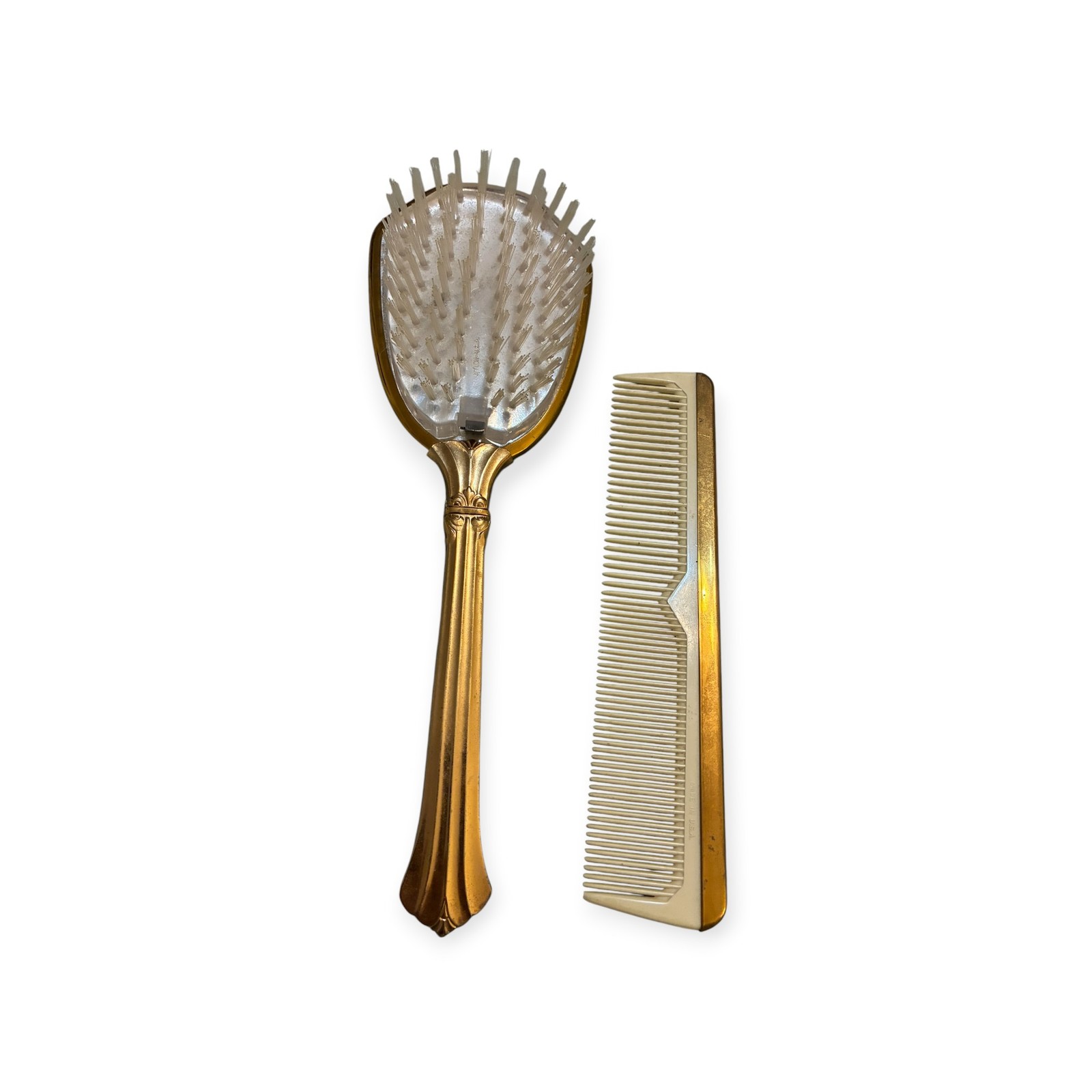 Vintage Gold Tone Floral Embossed Hair Brush Comb Vanity Set