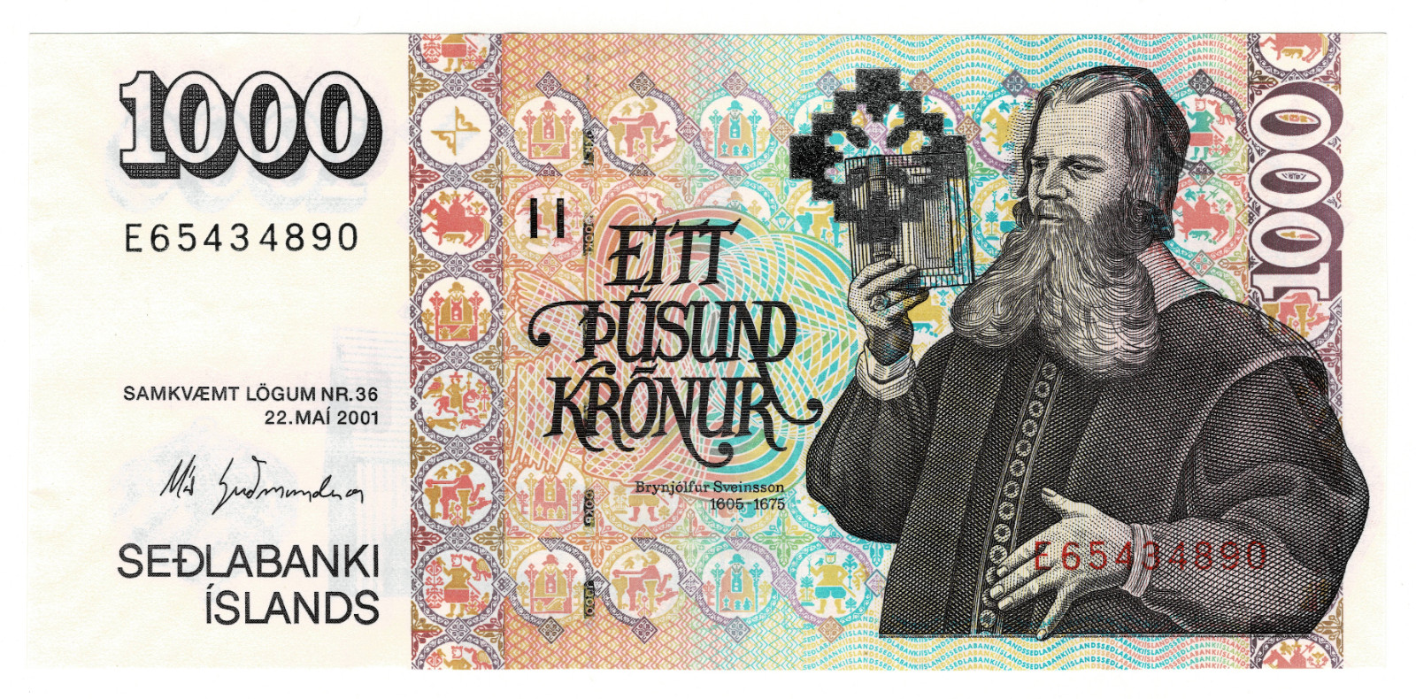 Iceland 1000 Kronur 2001 P-59 Bishop Sveinsson, Cathedral Banknote