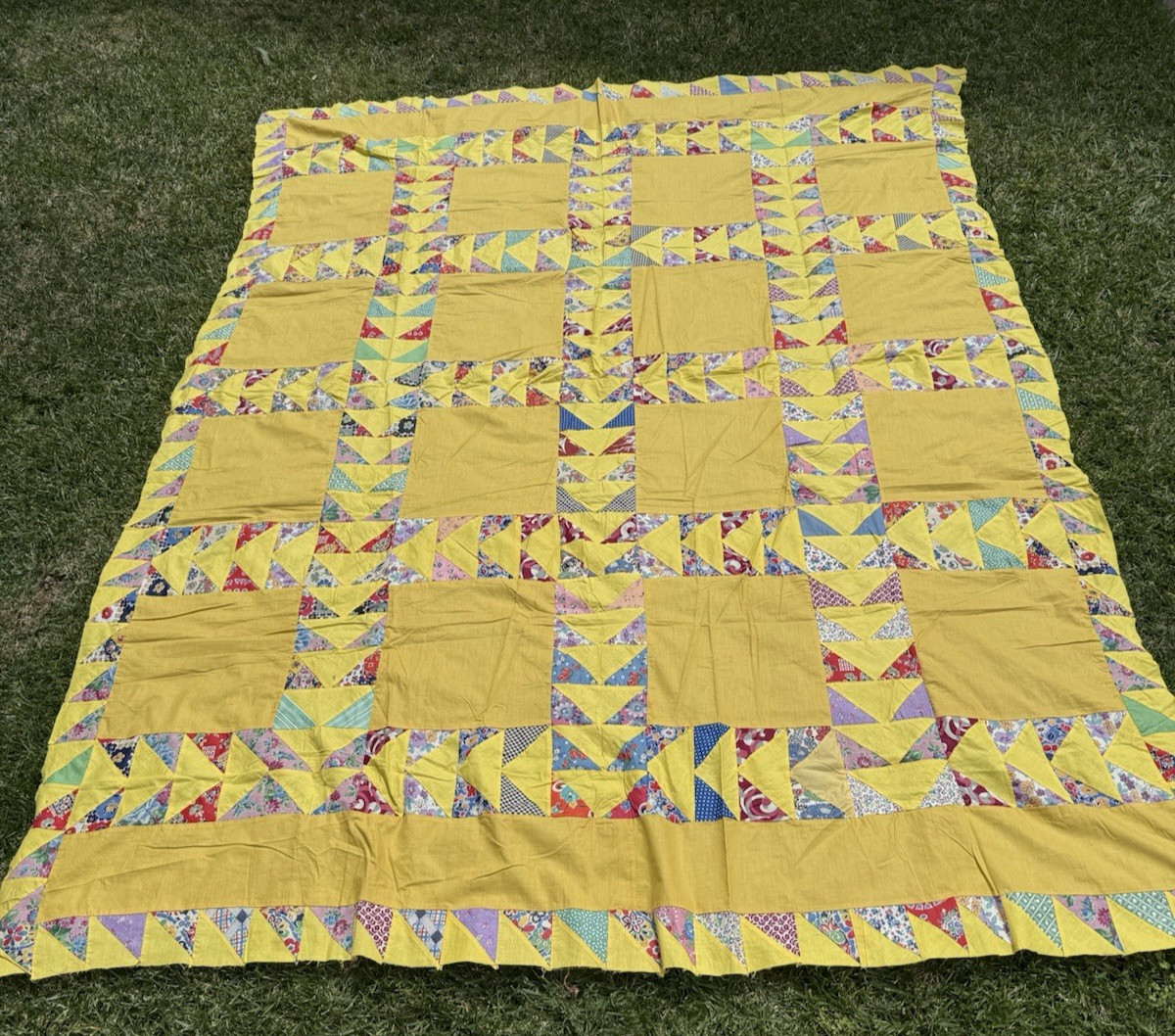 Vintage 1940s Feedsack Quilt Top Blazing Star Nile Green Coral Salmon Patchwork