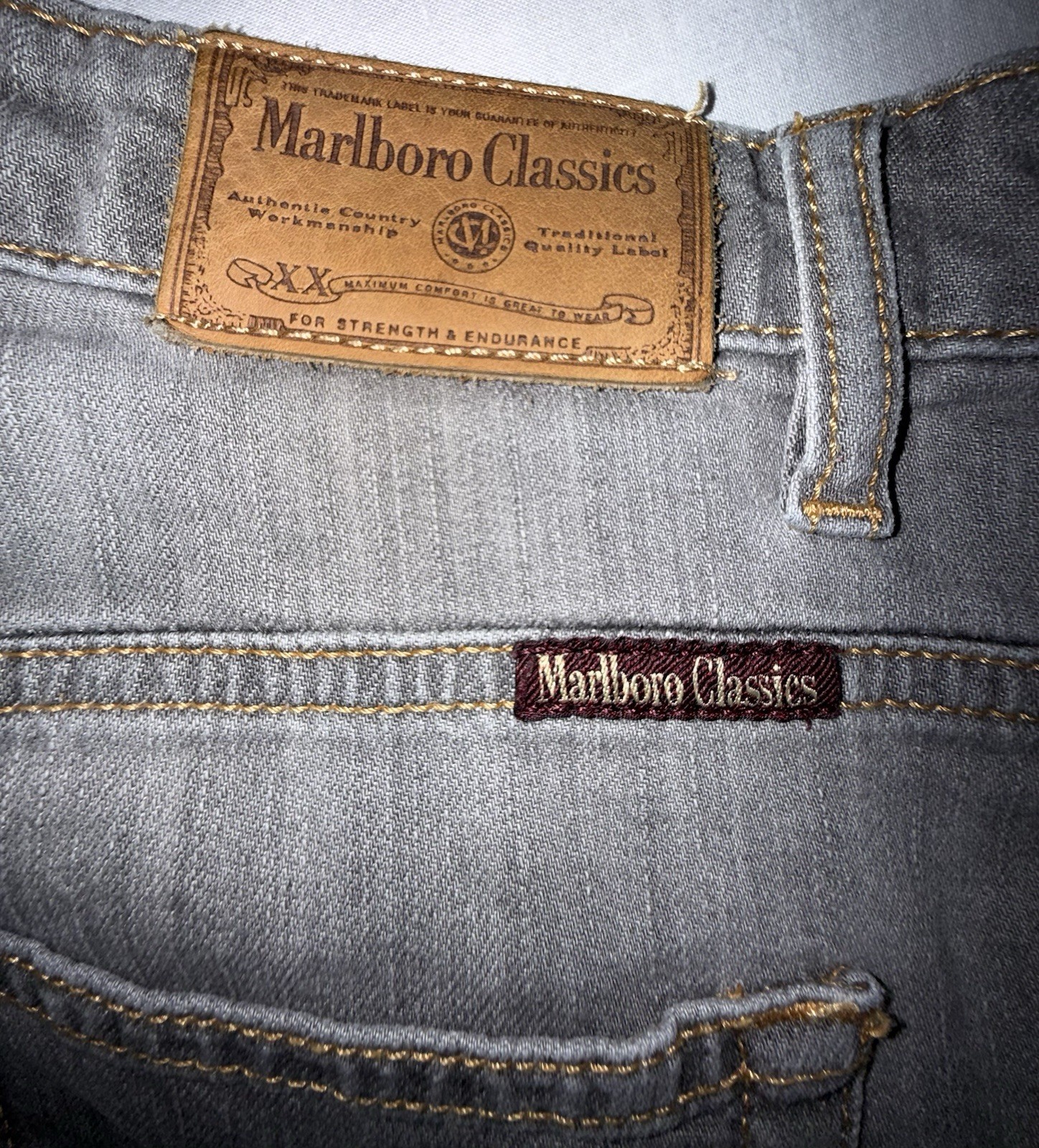 Vintage Marlboro Classics Grey Denim Gold Paisley Waistband Embroidery SZ 32