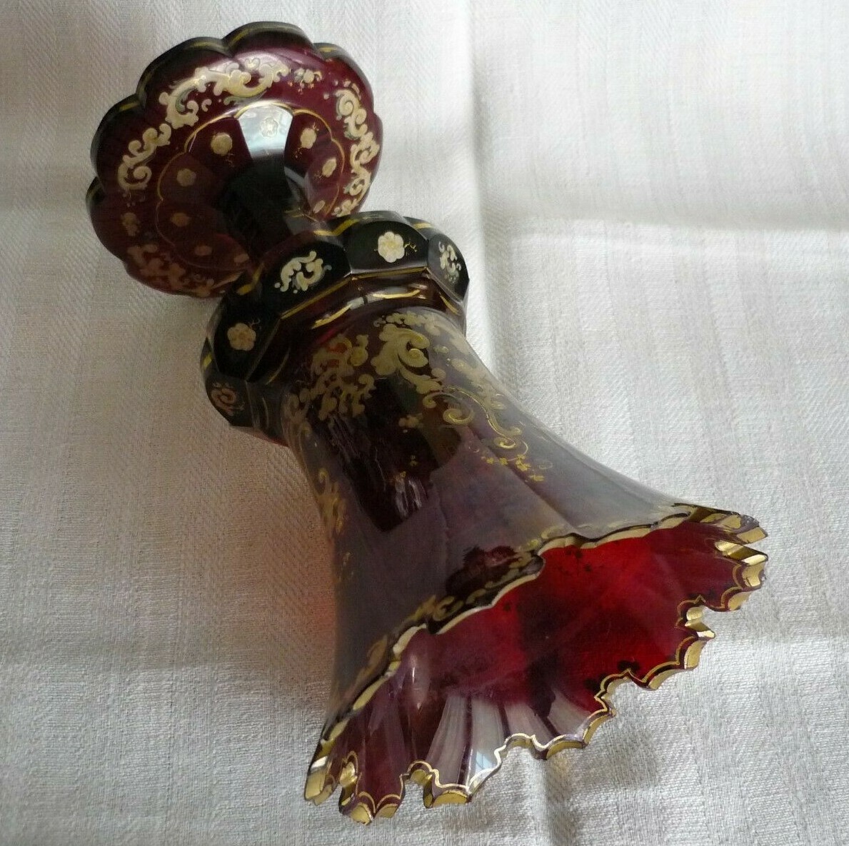 Antique Bohemian Biedermeier Huge Glass Vase Deep Red Gilded