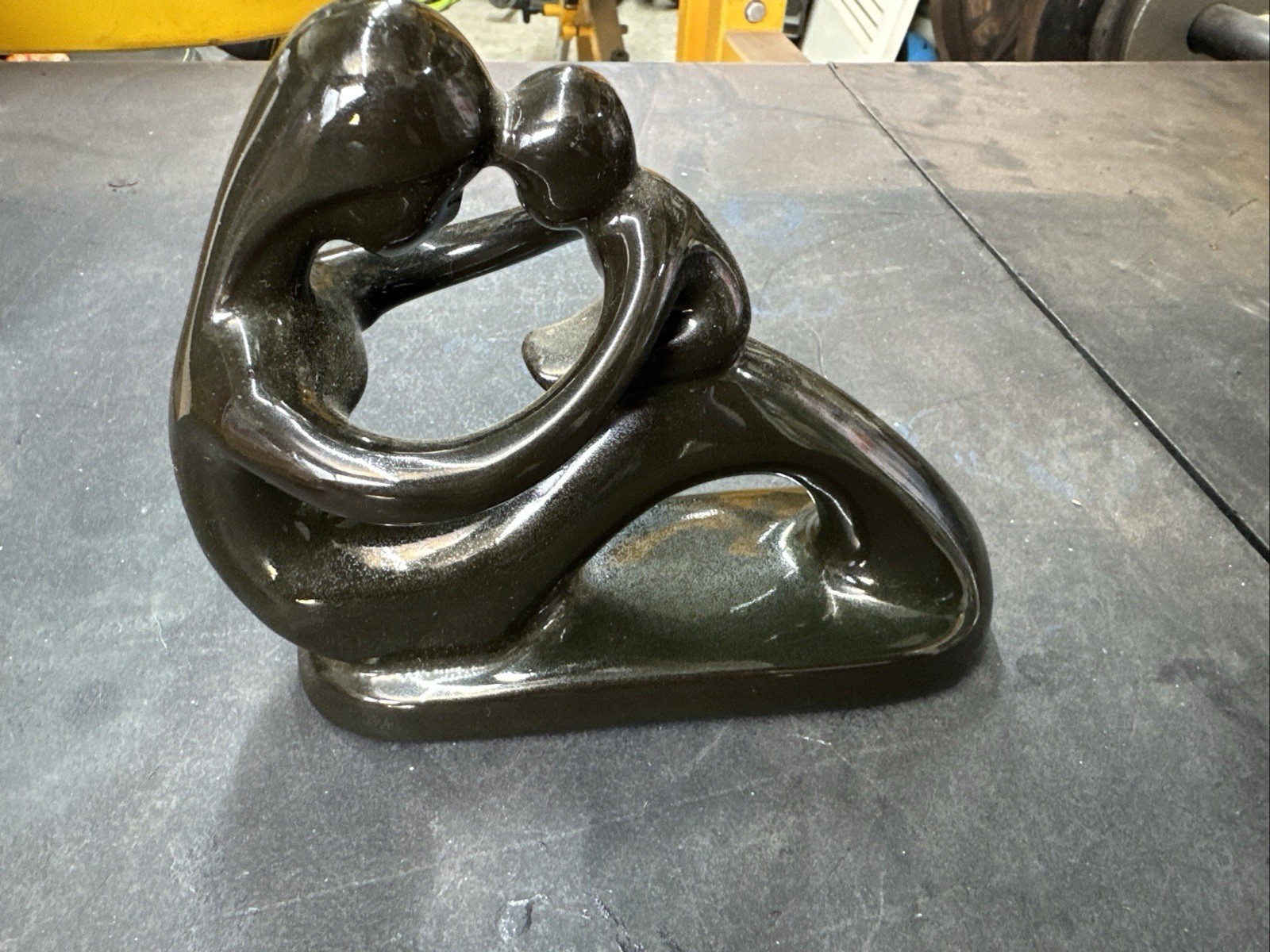Mother Holding Child Ceramic Figurine Glossy Black MCM Sculpture 6.5”x7.5”