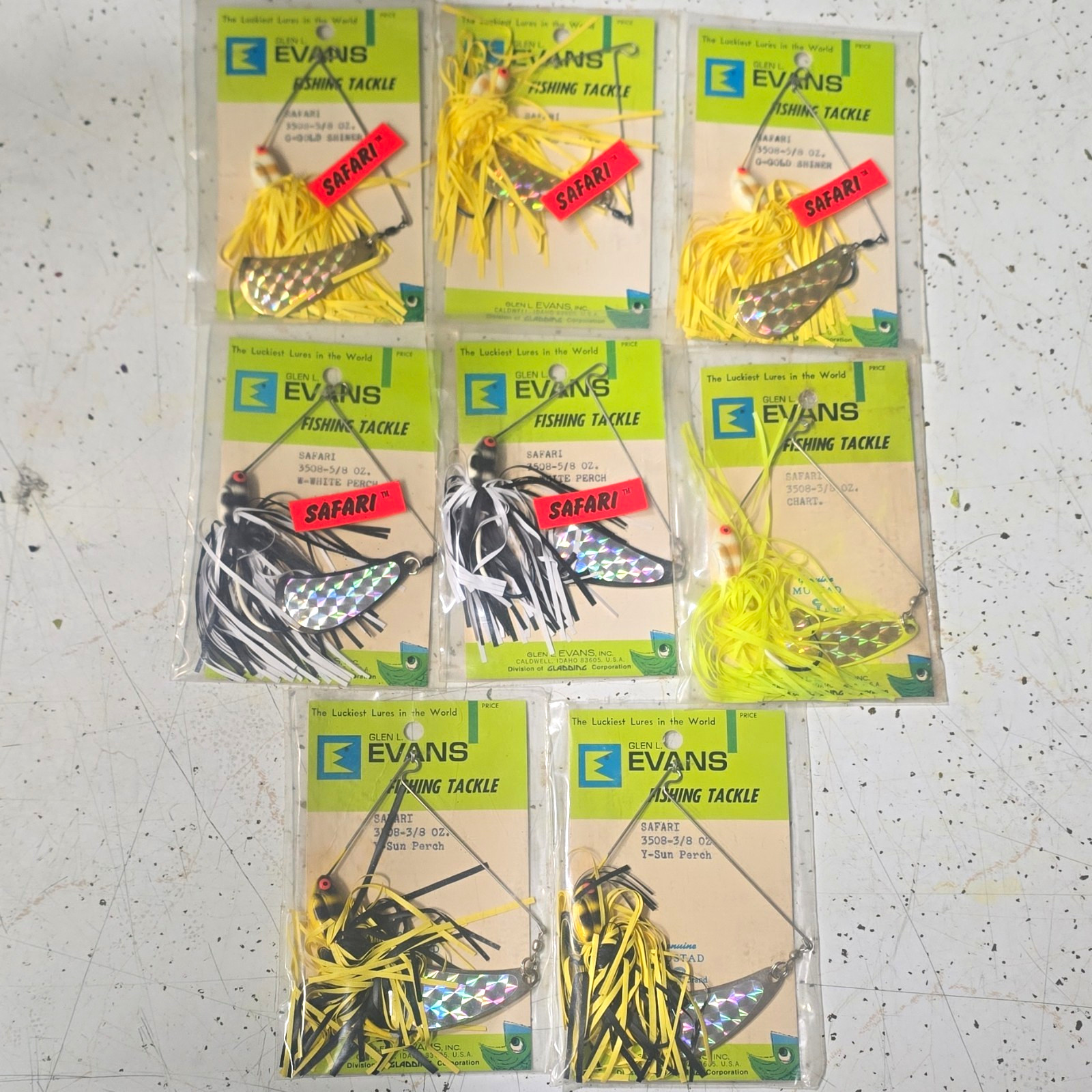 Lot of 8 Vintage Glen L Evans Safari Spinnerbait Lures NOS New On Card Fishing