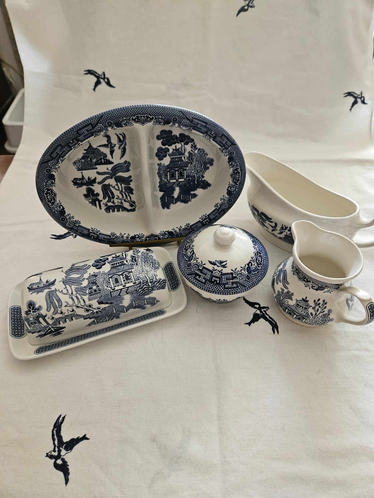 CHURCHILL BLUE WILLOW 7 PC COMPLETE VINTAGE CONDIMENT SET*LARGE BLACK LION*NEW
