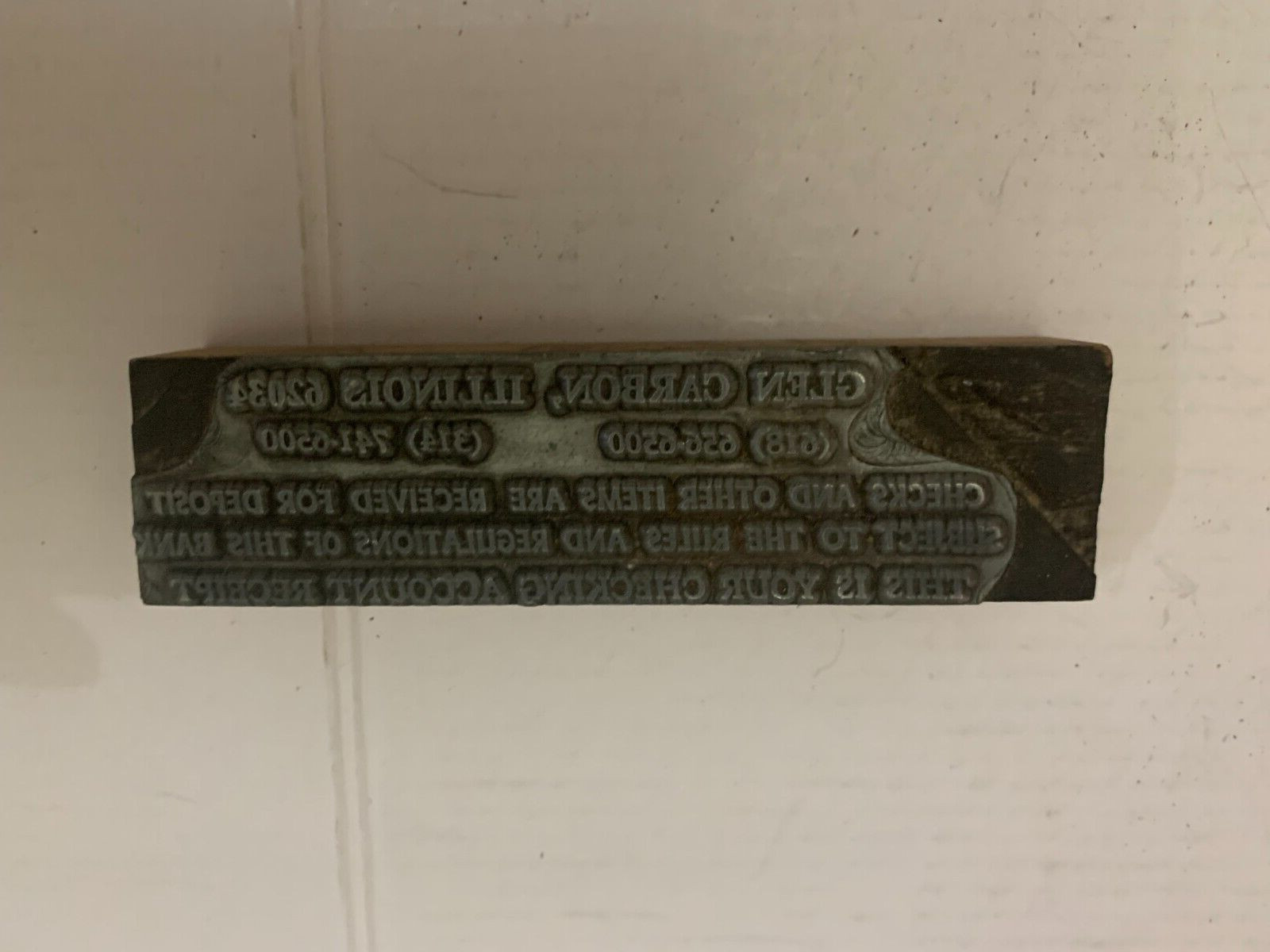 Vintage Glen Carbon Illinois Letterpress Printers Block