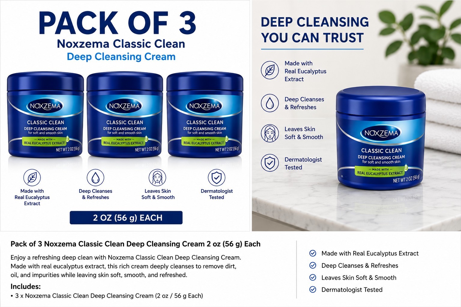 Pack Of 3 - Noxzema Classic Clean Deep Cleansing Cream, 2 Oz ( 56g ) Pack Of 3 - Noxzema Classic Clean Deep Cleansing Cream, 2 Oz ( 56g )