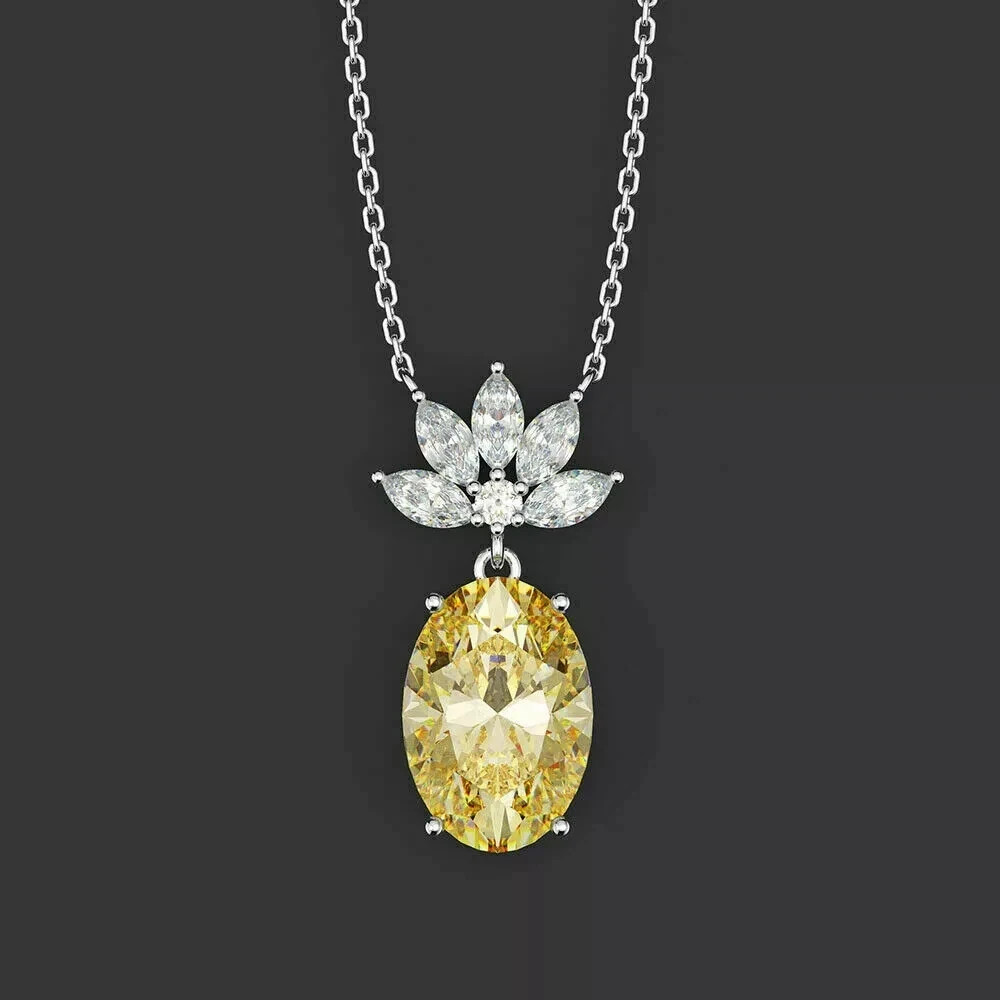 Pretty 3Ct Citrine & Diamond Pineapple Pendant Free Chain 14K White Gold Finish