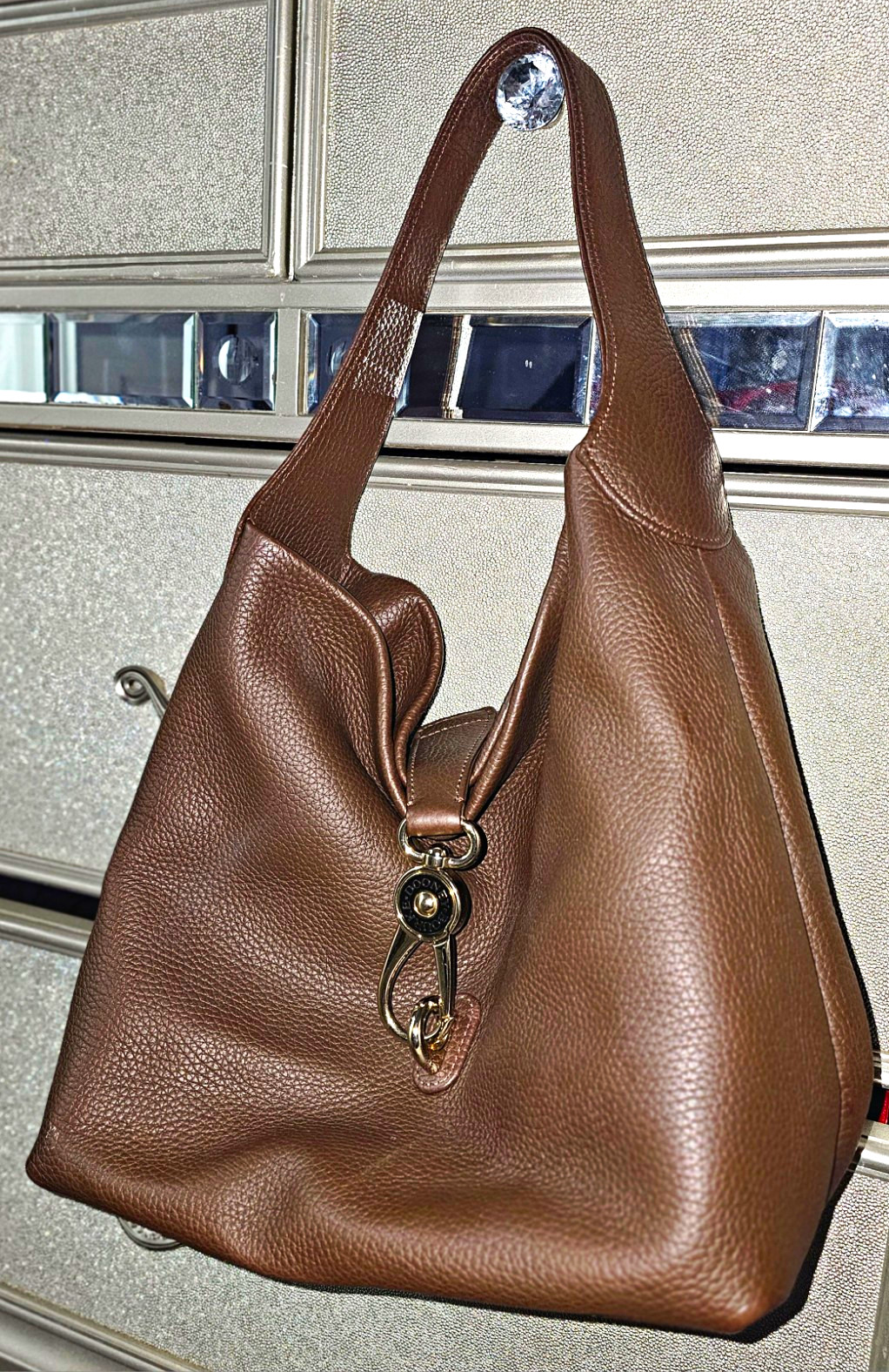 Authentic Dooney & Bourke Brown Pebbled Hobo Shoulder Bag Silver Hardware