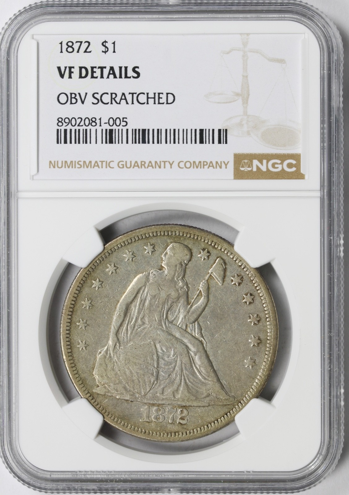 1872 $1 Liberty Seated Silver Dollar NGC VF Details Obv Scratched