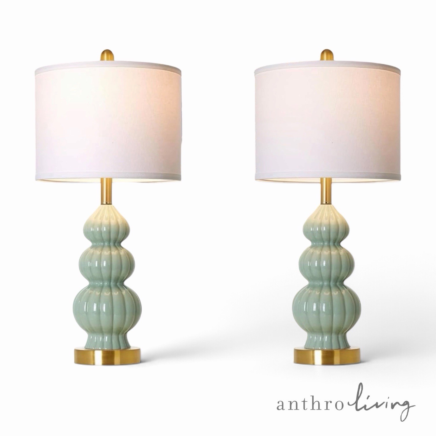 NEW Anthropologie Set / 2 Sage Green Gold Ceramic Boho Table Lamps Lighting 28