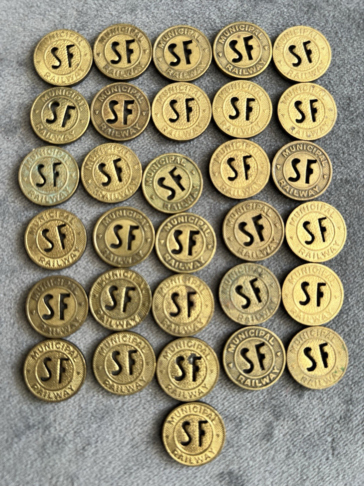 Lot of 31 Vintage San Francisco Municipal Railway One Fare Brass Tokens SF