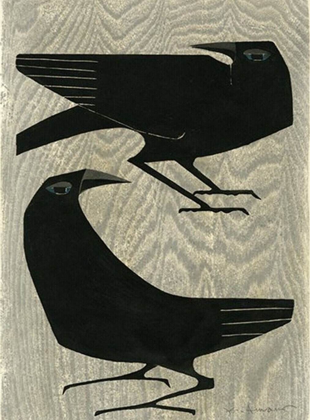 Kunihiro Amano : Two Crows : Japanese Modern Woodblock Bird Print 1929