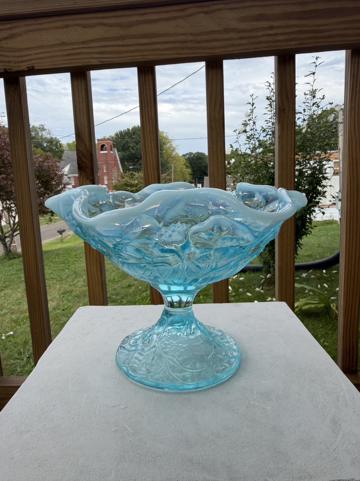 Vintage Fenton Glass | Blue Opalescent Water Lily Ruffled Compote | Candy Dish Vintage Fenton Glass | Blue Opalescent Water Lily Ruffled Compote | Candy Dish