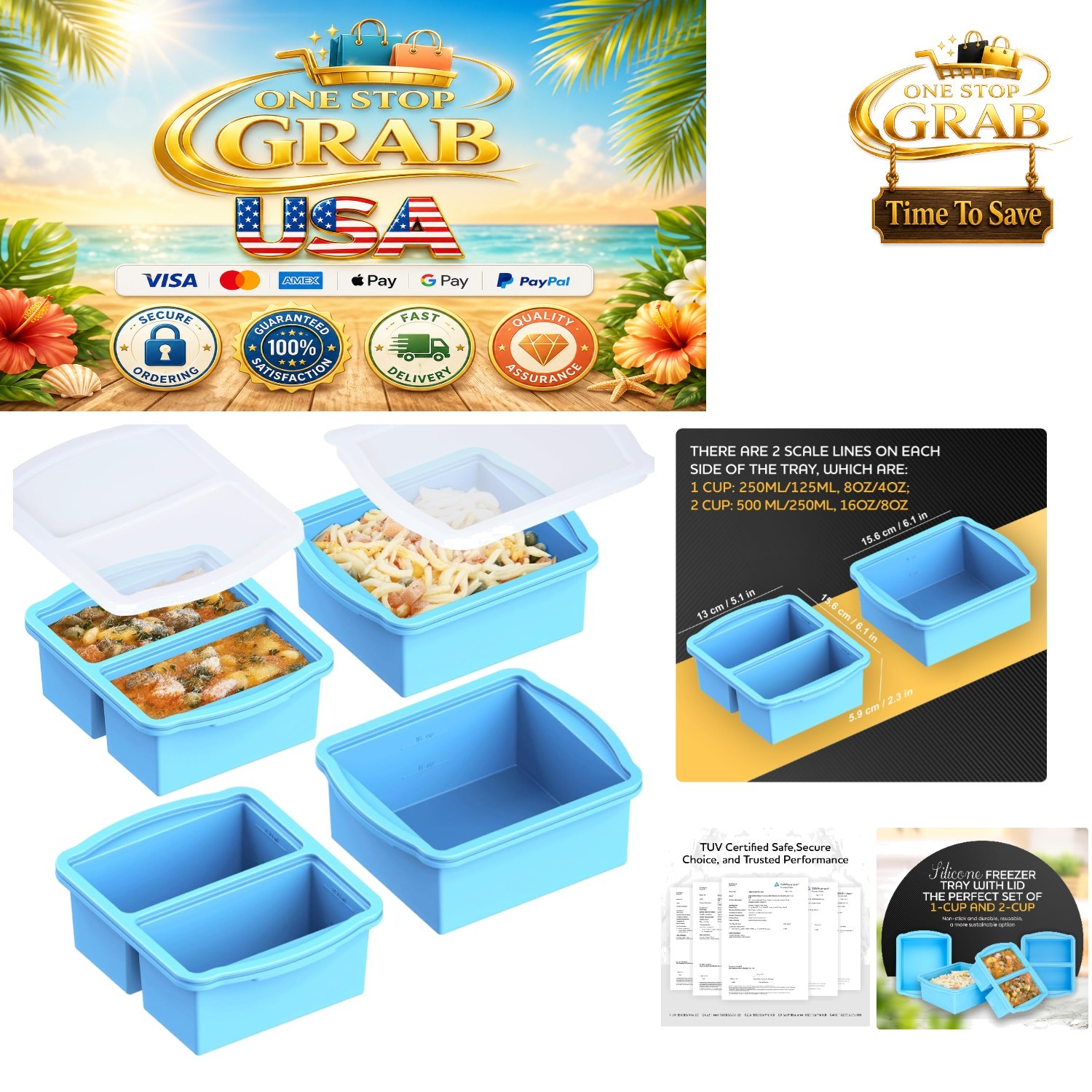 Set of 4 Silicone Freezer Trays with Lids 1-Cup & 2-Cup BPA-Free Food Grade Set of 4 Silicone Freezer Trays with Lids 1-Cup & 2-Cup BPA-Free Food Grade