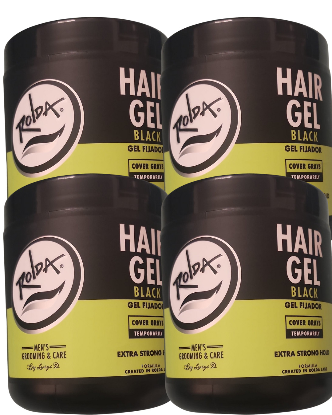 4 Pack Rolda Hair Gel Black Extra Strong Hold Covers Grays 17.6 oz Each 4 Pack Rolda Hair Gel Black Extra Strong Hold Covers Grays 17.6 oz Each