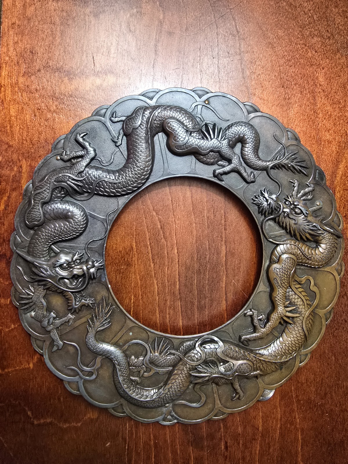 FINE Antique Chinese or Japanese Cast Repoussé Metal Copper Bronze Dragon Frame