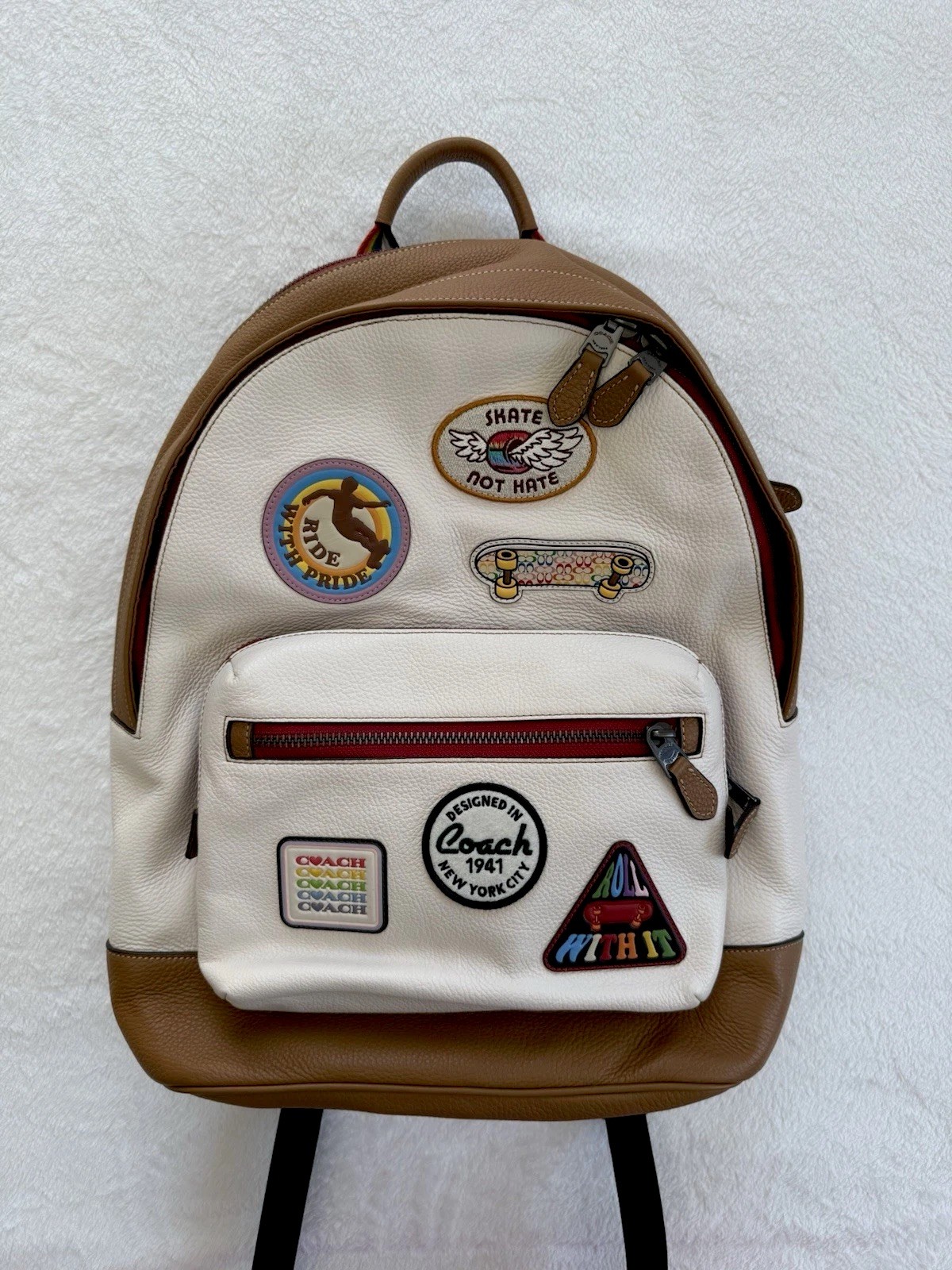 Coach West Backpack CJ512 Leather Chalk Brown Rainbow Pride Skate Patches Large