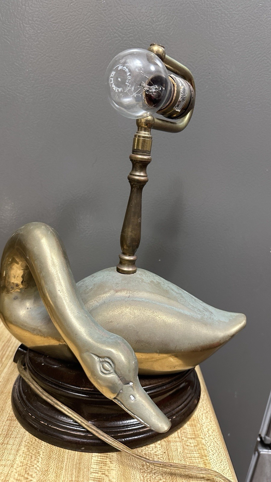 Rare Vintage brass sleeping Swan  Table Lamp on a Wood Base. Highly collectable