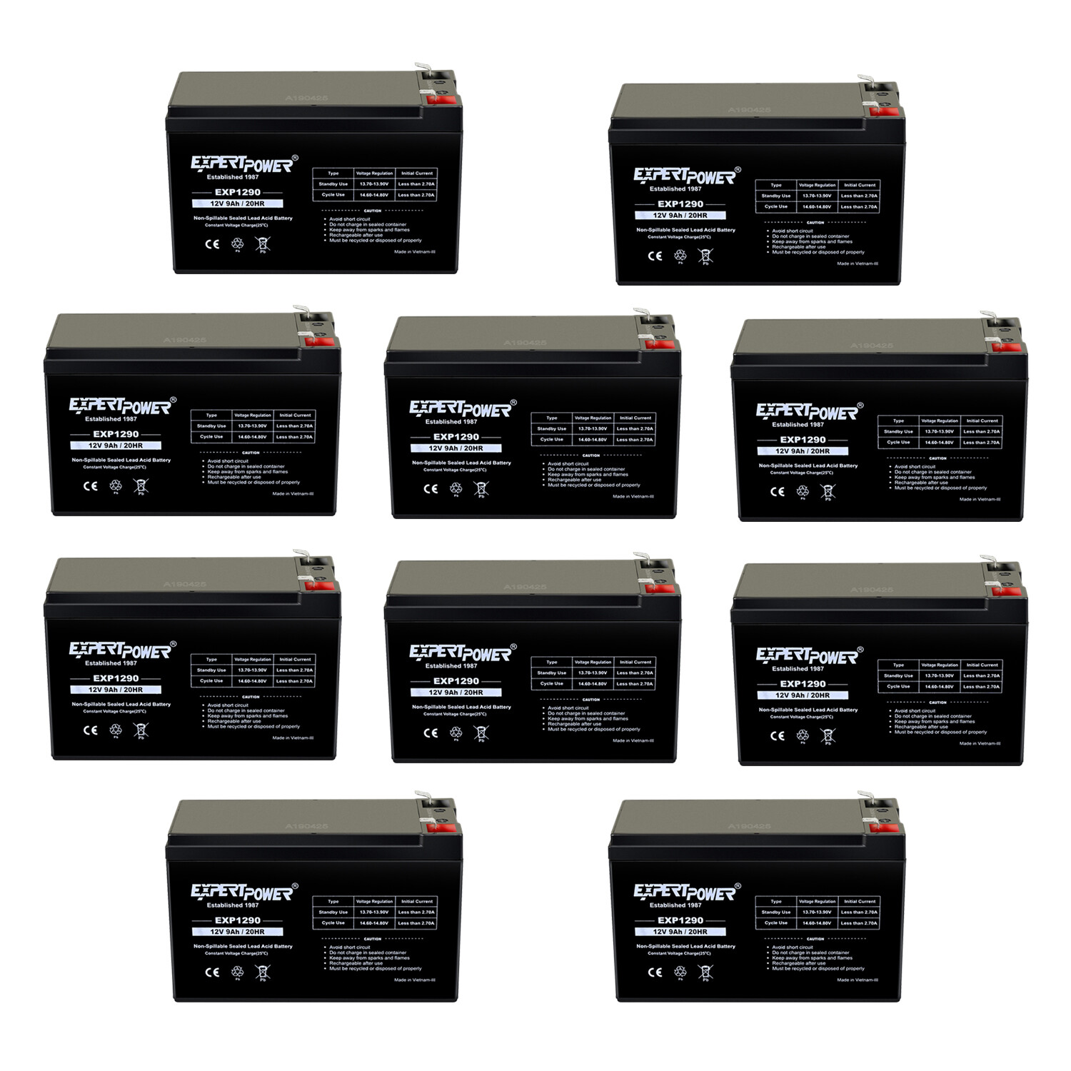 10 Pack ExpertPower 12V 9Ah F2 Terminal Rechargeable Sealed Lead Acid Battery