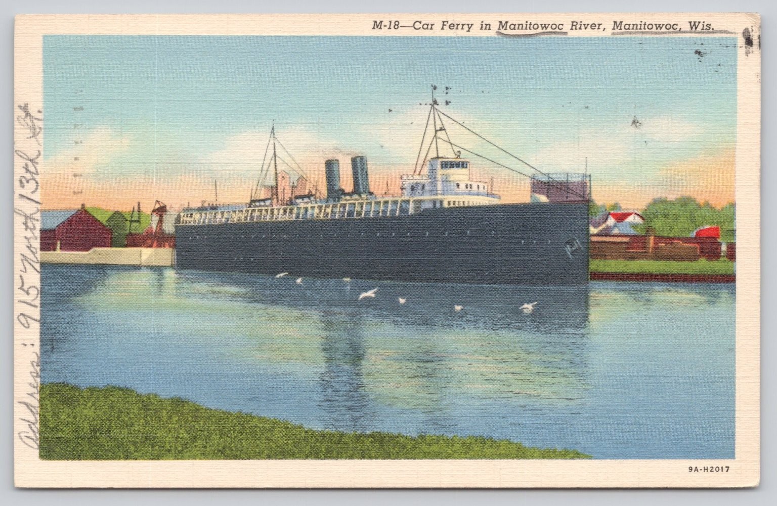 Vintage 1941 Manitowoc WI Car Ferry River Linen Postcard Curt Teich
