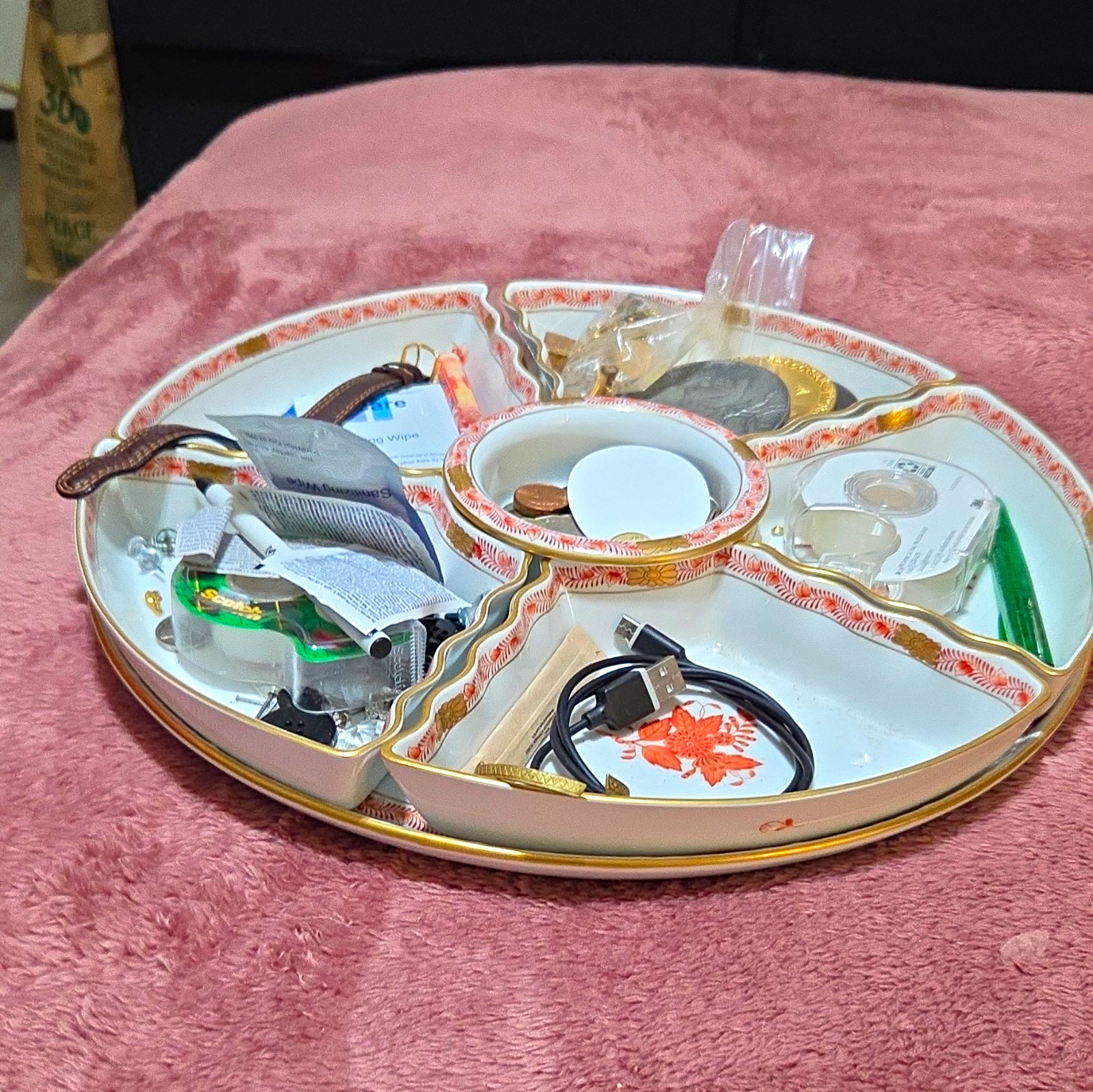 Herend Hungary Porcelain Round Divided Platter 6 Compartments White Red Gold Herend Hungary Porcelain Round Divided Platter 6 Compartments White Red Gold