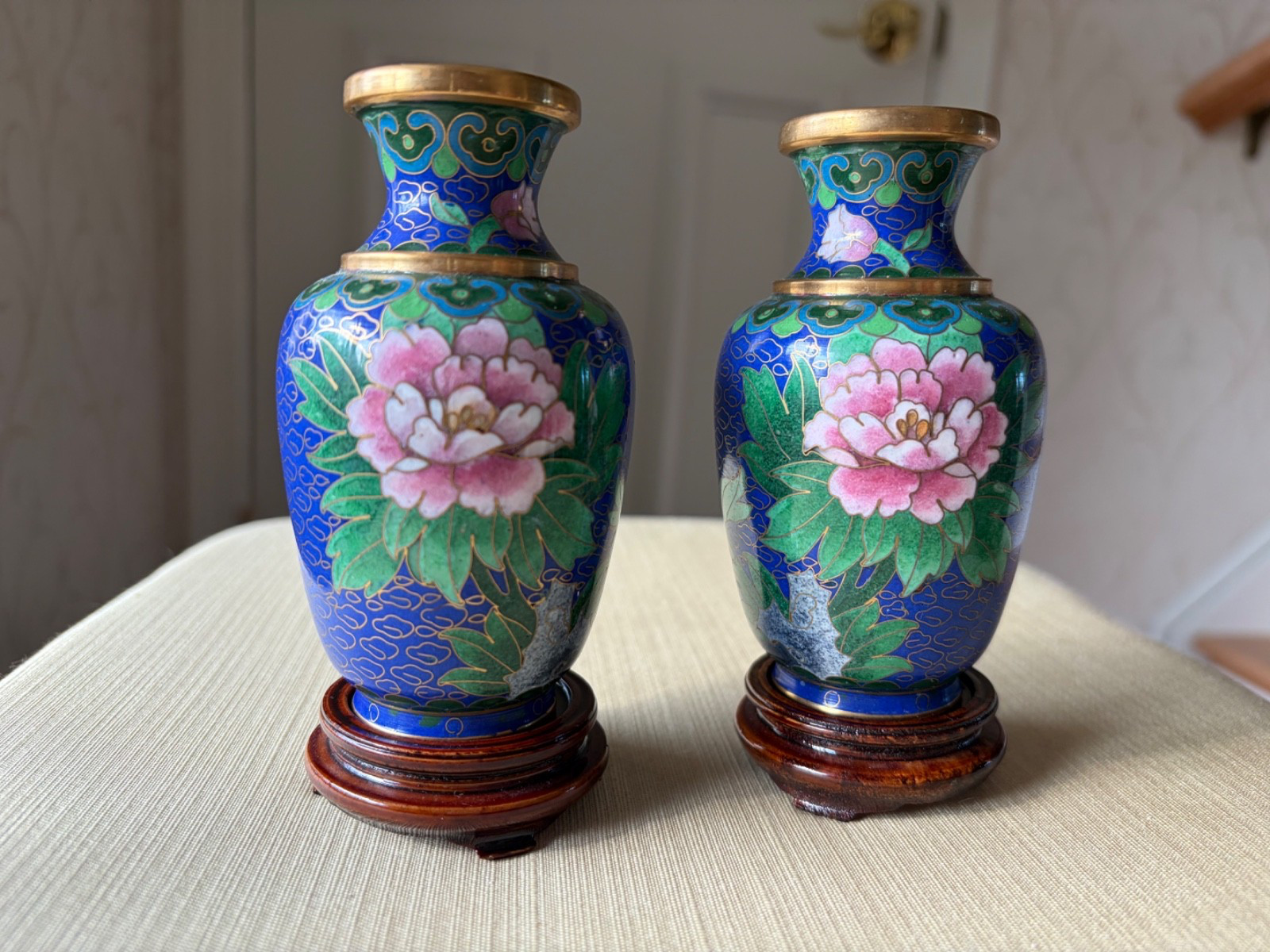 Pr Vtg Chinese cloisonne enameled vases 5” Blue Gold Green Pink Yellow Peonies