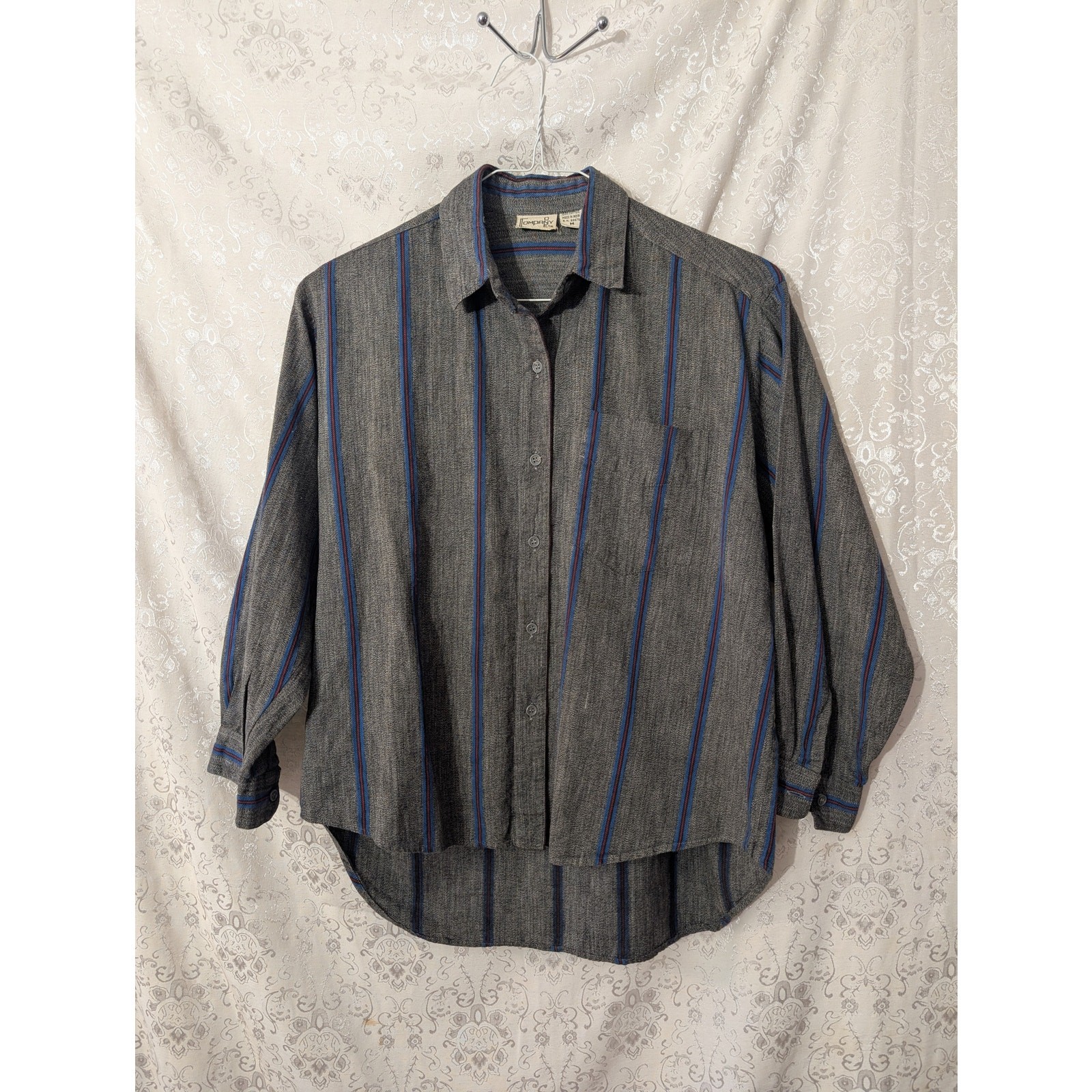 VTG 90s Woven Striped Button Down Shirt High Low Hem Grey Blue M