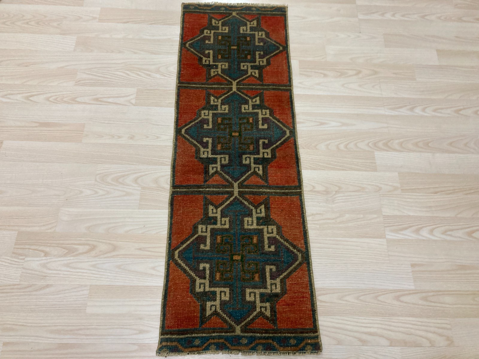 Small Vintage Turkish Wool Rug 1.2 x 3.5 Ft Pink Blue Handwoven Tribal Doormat