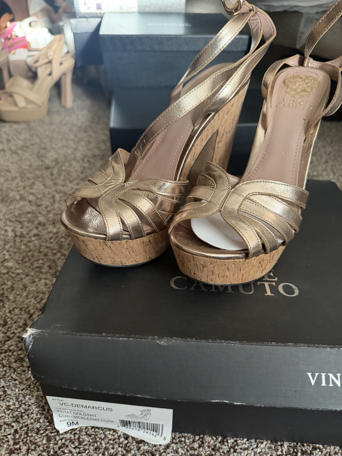 Vince Camuto VC-Demarcus Leather Cork Gold Platform Open Toe Ankle Strap Vince Camuto VC-Demarcus Leather Cork Gold Platform Open Toe Ankle Strap