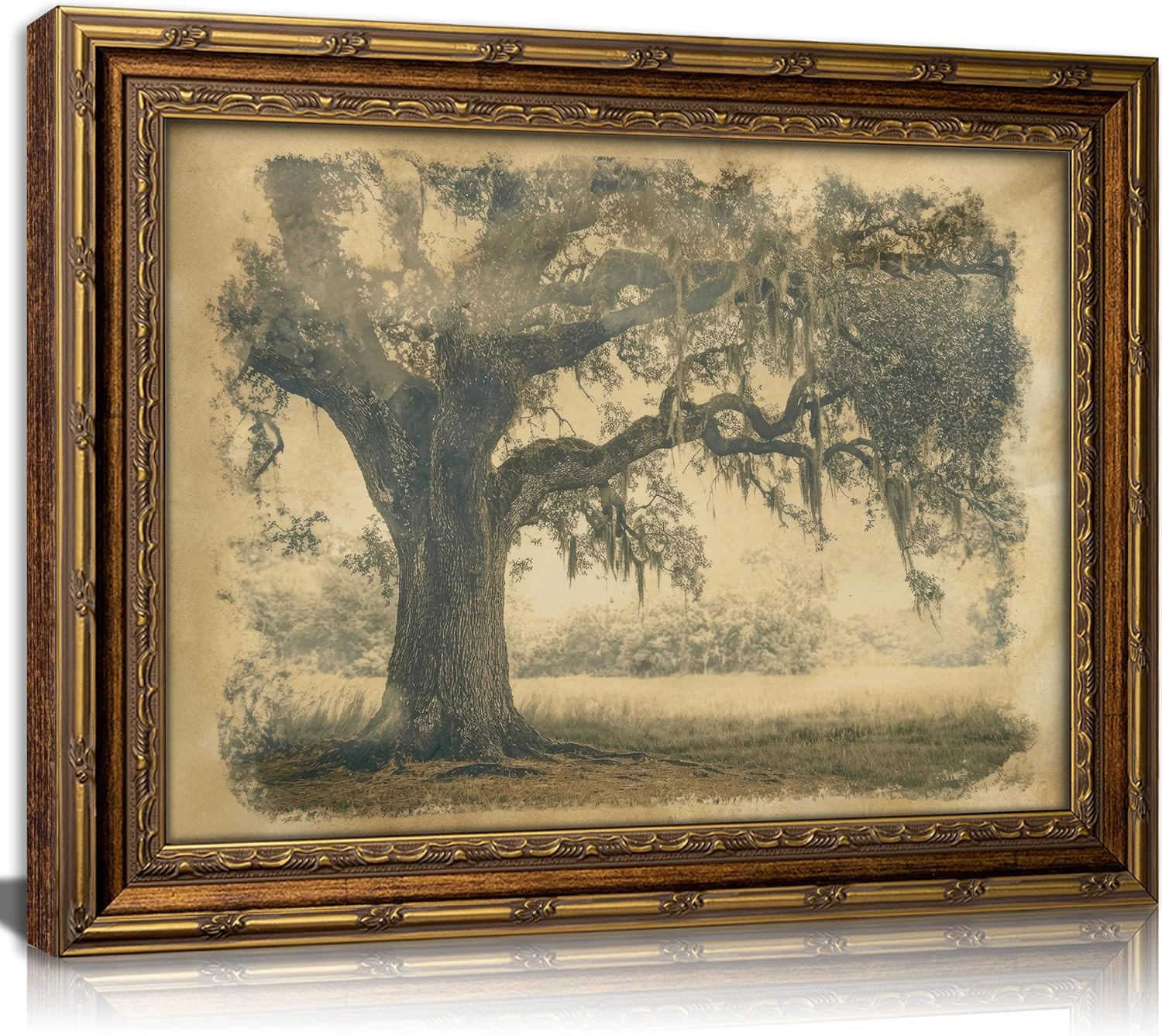 Vintage Gold Framed Tree Wall Art, Antique Oak Tree Forest Landscape Canvas Prin