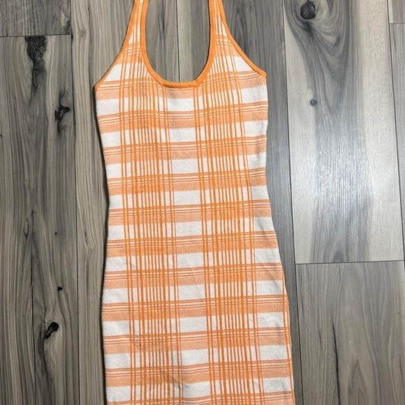 Rue21 Orange White Plaid Halter Mini Dress XS Knit Bodycon Summer Sleeveless Rue21 Orange White Plaid Halter Mini Dress XS Knit Bodycon Summer Sleeveless