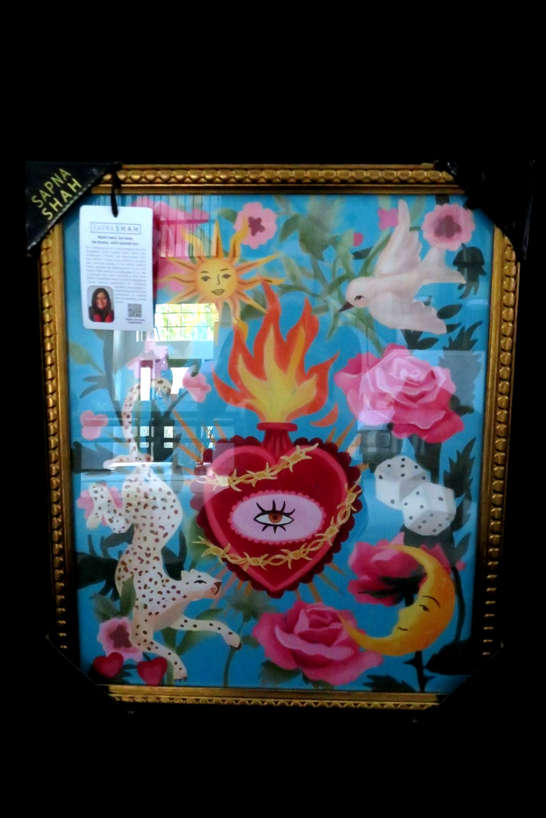 New SAPNA SHAH Flaming SACRED HEART Ex Voto FRAMED PRINT 24x20 Iconography FOLK