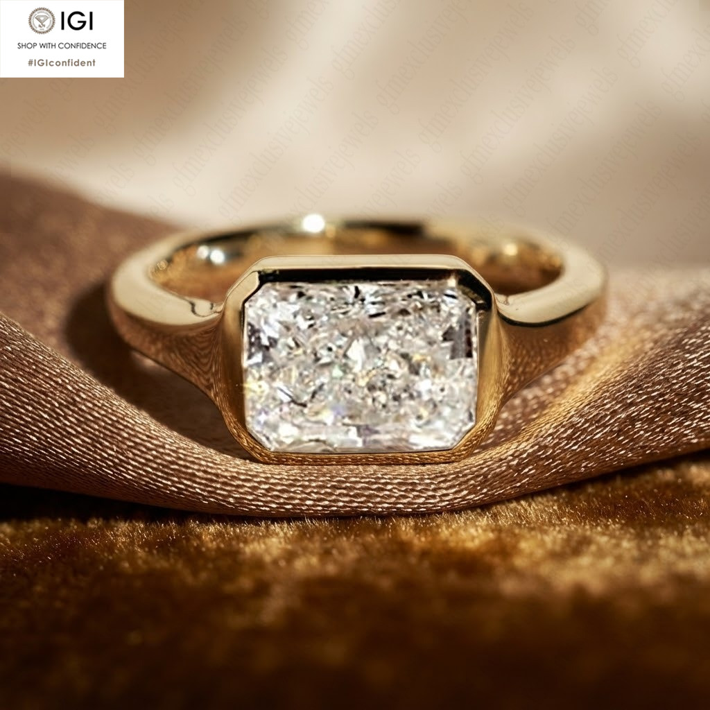 IGI 3.00Ct Radiant E VS1 Lab Grown Diamond Bezel Engagement Ring 14K Yellow Gold