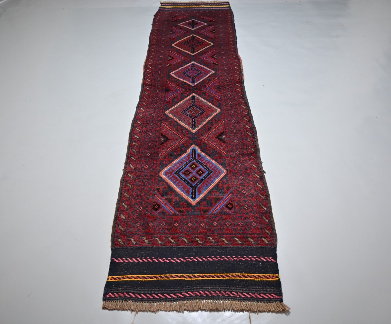 2x8 Vintage Afghan Baluchi Wool Runner Red Blue Diamond Medallion Tribal Rug 2x8 Vintage Afghan Baluchi Wool Runner Red Blue Diamond Medallion Tribal Rug
