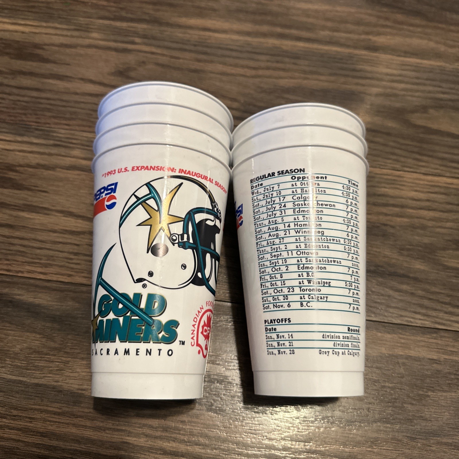 Vintage Sacramento Gold Miners Cups CFL Inaugural Season 1993 Diet Pepsi New