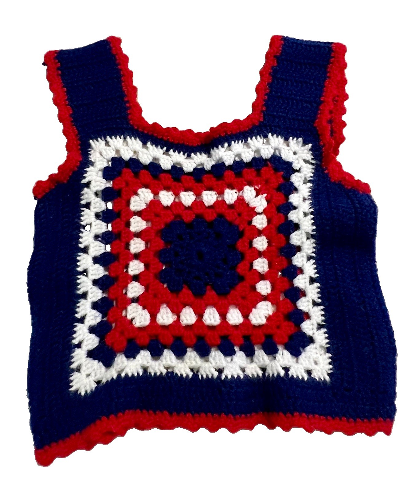 Vintage Handmade Crocheted Granny Square Vest Red White And Blue, Retro 60s-70s